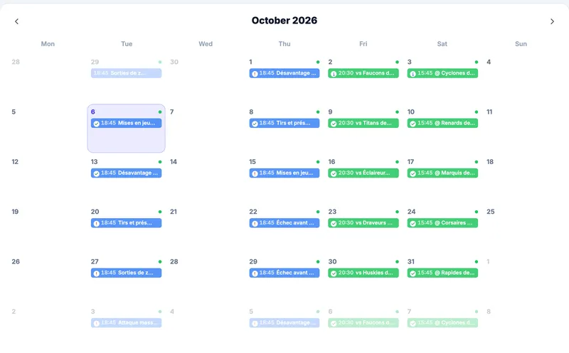 Close-up of the season calendar in month view: October practices and games of the fictional Bouviers de St-Bouvier team (U15 AAA)