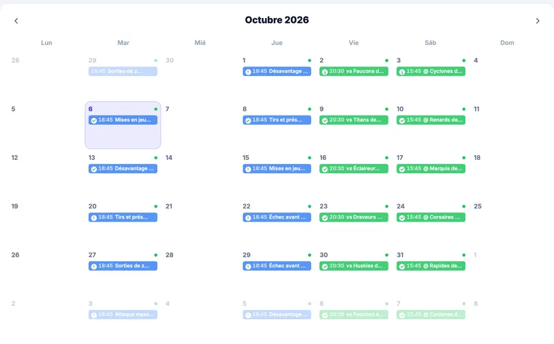 Vista ampliada del calendario de temporada en vista mensual: prácticas y partidos de octubre del equipo ficticio Bouviers de St-Bouvier (Sub-15 AAA)