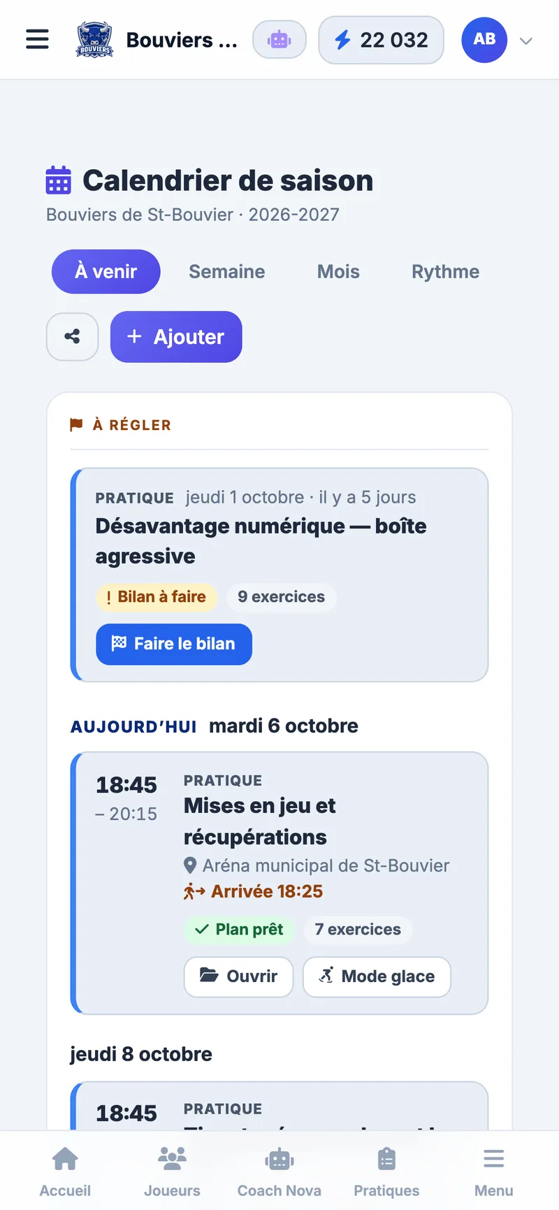 Calendrier de saison sur téléphone : pratiques à venir avec plan prêt et mode glace de l'équipe fictive Bouviers de St-Bouvier (M15 AAA)