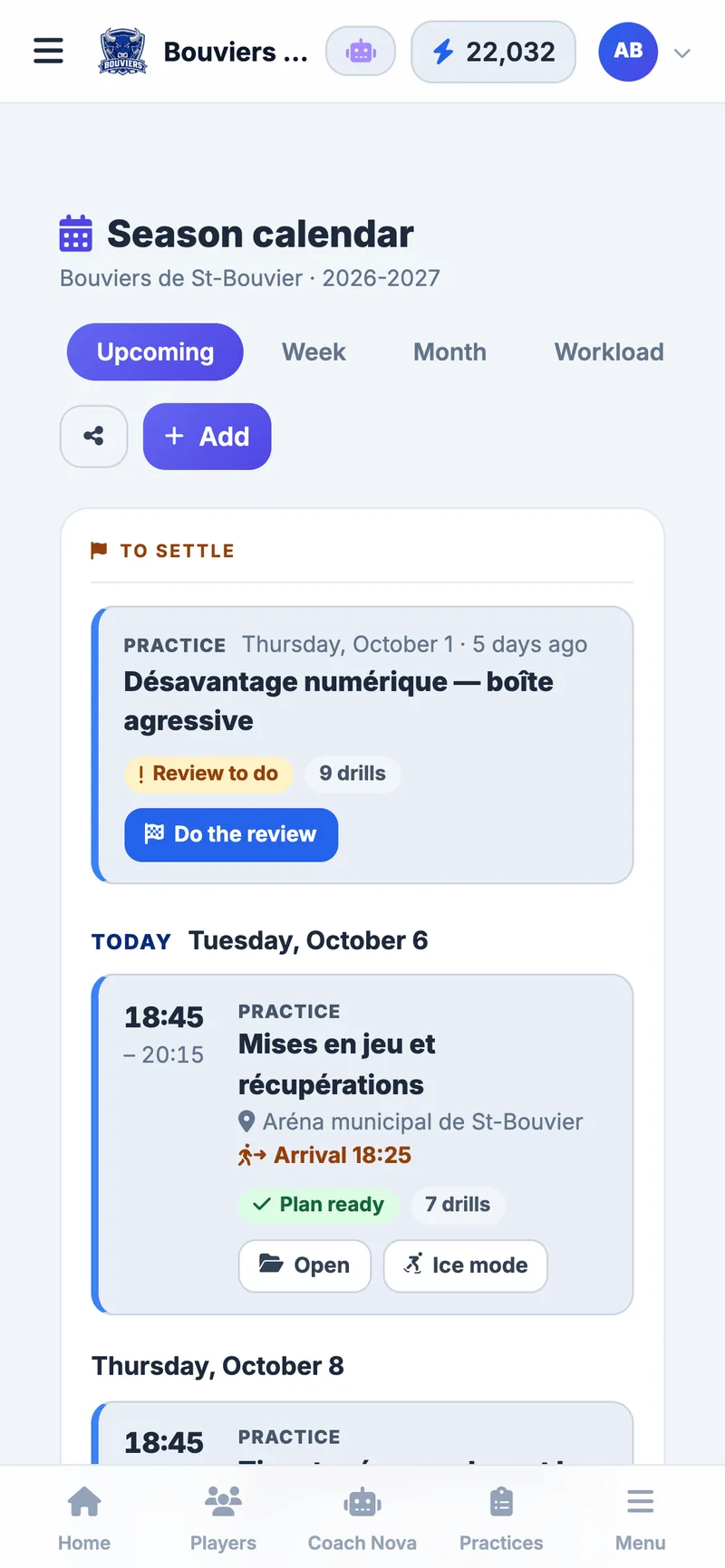 Season calendar on a phone: upcoming practices with ready plans and on-ice mode of the fictional Bouviers de St-Bouvier team (U15 AAA)