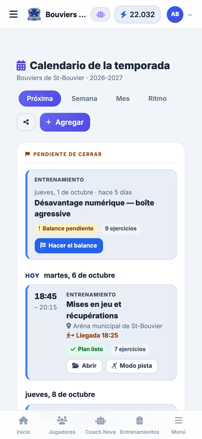 Calendario de temporada en el teléfono: próximas prácticas con plan listo y modo pista del equipo ficticio Bouviers de St-Bouvier (Sub-15 AAA)