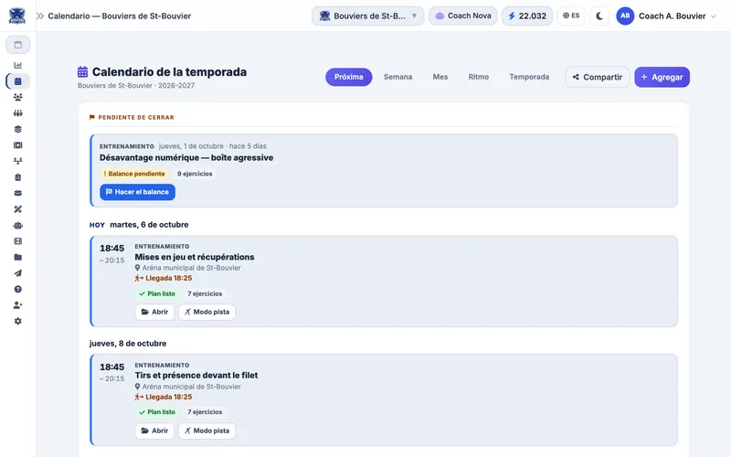 Calendario de temporada de hockey: prácticas, partidos, balances pendientes y horas de llegada a la pista del equipo ficticio Bouviers de St-Bouvier (Sub-15 AAA)