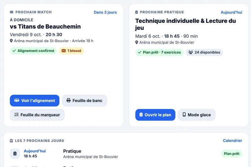 Vue rapprochée du tableau de bord : prochain match avec alignement confirmé, prochaine pratique avec plan prêt et les sept prochains jours de l'équipe fictive Bouviers de St-Bouvier (M15 AAA)