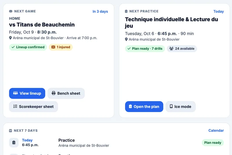 Close-up of the dashboard: next game with confirmed lineup, next practice with a ready plan and the next seven days of the fictional Bouviers de St-Bouvier team (U15 AAA)