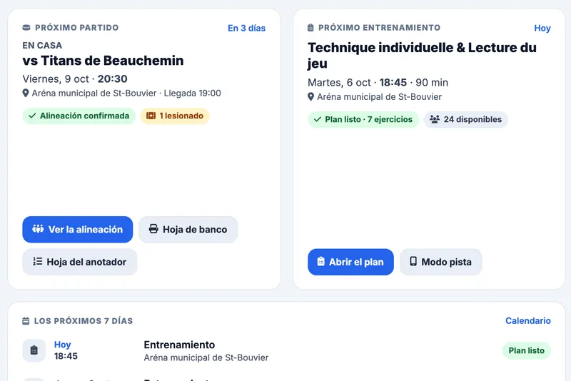 Vista ampliada del panel de control: próximo partido con alineación confirmada, próxima práctica con plan listo y los próximos siete días del equipo ficticio Bouviers de St-Bouvier (Sub-15 AAA)