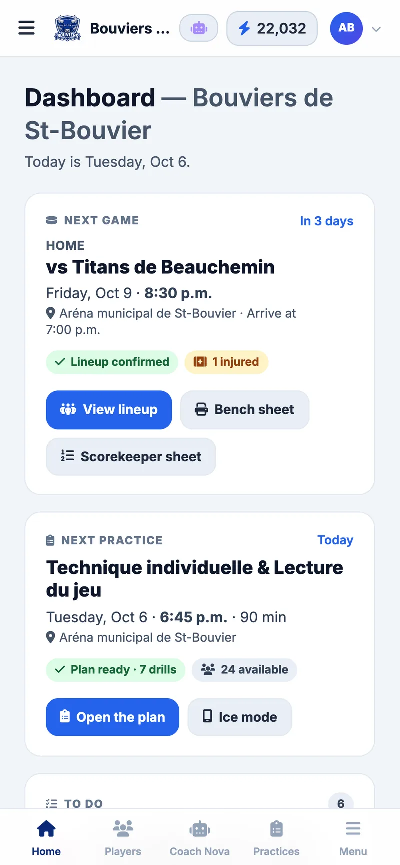 muleky dashboard on a phone: game of the day and next practice of the fictional Bouviers de St-Bouvier team (U15 AAA)