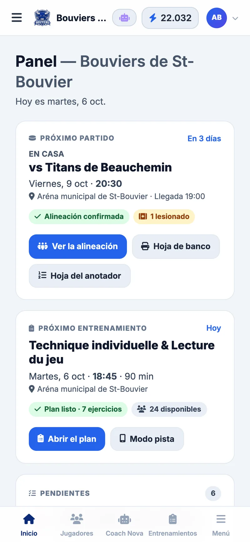 Panel de control de muleky en el teléfono: partido del día y próxima práctica del equipo ficticio Bouviers de St-Bouvier (Sub-15 AAA)