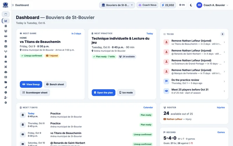 muleky dashboard: game of the day, next practice, to-do items, available roster and win-loss record of the fictional Bouviers de St-Bouvier team (U15 AAA)