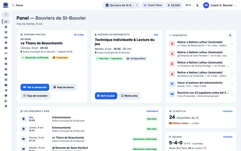 Panel de control de muleky: partido del día, próxima práctica, tareas pendientes, plantilla disponible y balance de victorias y derrotas del equipo ficticio Bouviers de St-Bouvier (Sub-15 AAA)