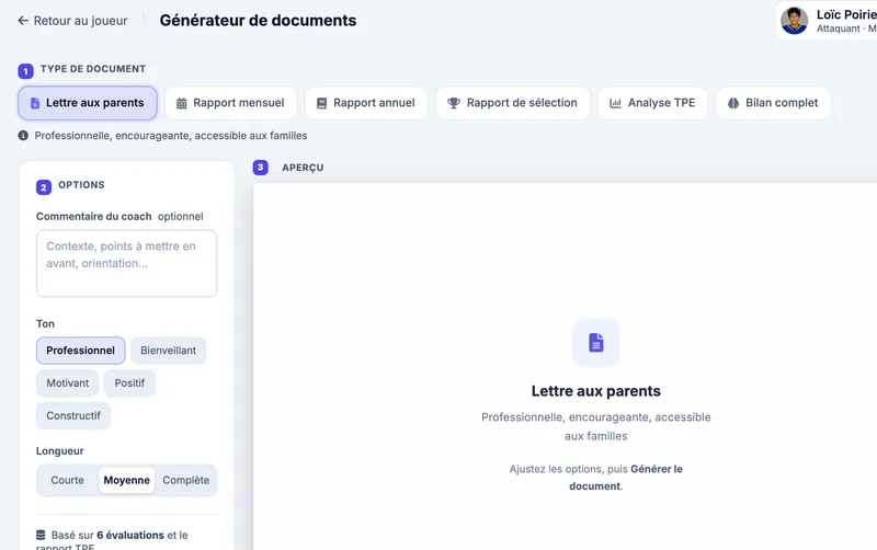 Vue rapprochée du générateur de documents : choix du type (lettre aux parents, rapports, analyse TPE, bilan), du ton et de la longueur de l'équipe fictive Bouviers de St-Bouvier (M15 AAA)