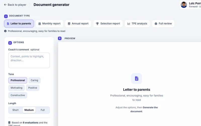 Close-up of the document generator: choice of type (parent letter, reports, TPE analysis, review), tone and length of the fictional Bouviers de St-Bouvier team (U15 AAA)
