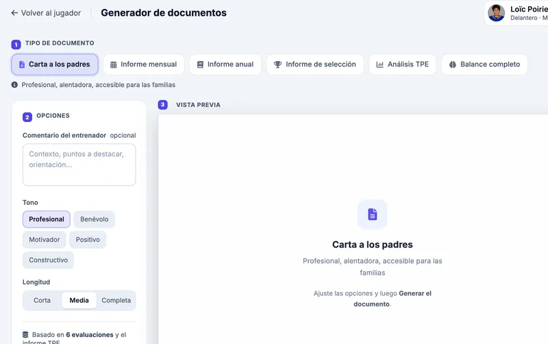 Vista ampliada del generador de documentos: elección del tipo (carta a los padres, informes, análisis TPE, balance), del tono y de la extensión del equipo ficticio Bouviers de St-Bouvier (Sub-15 AAA)