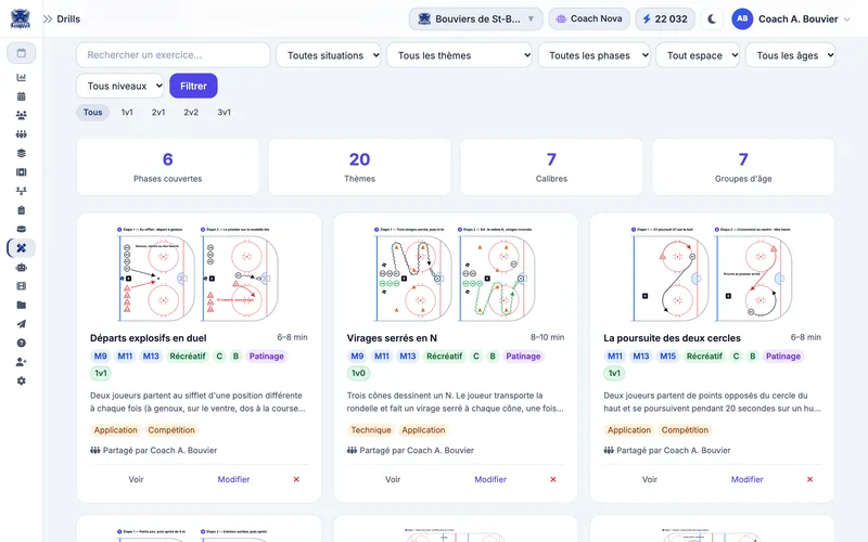 Bibliothèque de drills de hockey muleky avec schémas à étapes, groupes d'âge M9 à M18, calibres et phases de pratique