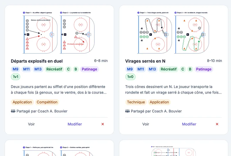 Vue rapprochée de la bibliothèque de drills muleky : schémas à étapes, groupes d'âge, calibres et phases de pratique