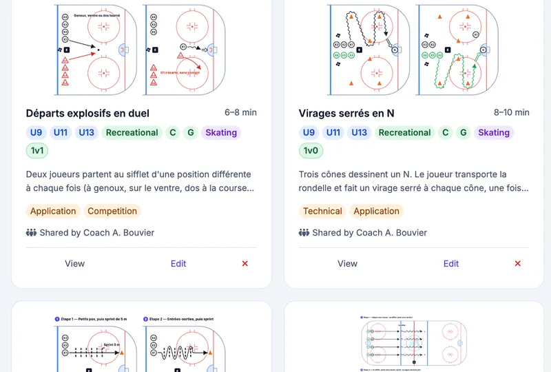 Close-up of the muleky drill library: step-by-step diagrams, age groups, levels and practice phases