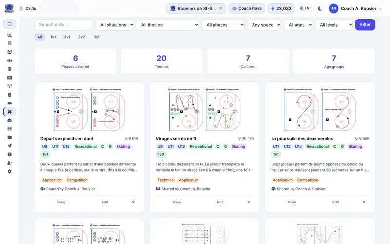 muleky hockey drill library with step-by-step diagrams, U9 to U18 age groups, levels and practice phases