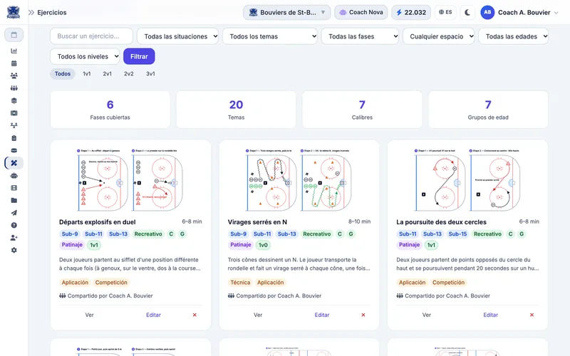 Biblioteca de ejercicios de hockey de muleky con diagramas por etapas, categorías Sub-9 a Sub-18, niveles y fases de práctica
