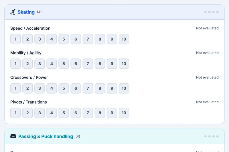 Close-up of the evaluation form: skating criteria scored from 1 to 10 following Hockey Canada of the fictional Bouviers de St-Bouvier team (U15 AAA)