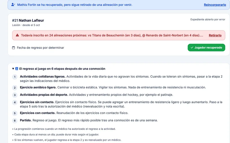 Vista ampliada de un expediente de lesión: alerta sobre las próximas alineaciones y protocolo de regreso al juego en seis etapas tras una conmoción del equipo ficticio Bouviers de St-Bouvier (Sub-15 AAA)