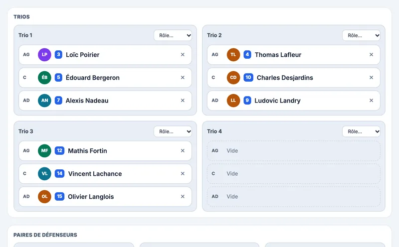 Vue rapprochée de l'éditeur d'alignements : trios avec ailiers et centres de l'équipe fictive Bouviers de St-Bouvier (M15 AAA)
