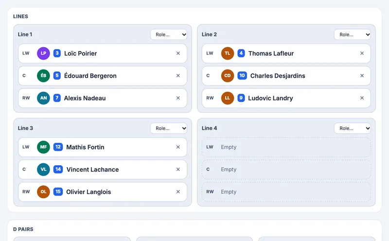Close-up of the lineup editor: forward lines with wingers and centers of the fictional Bouviers de St-Bouvier team (U15 AAA)