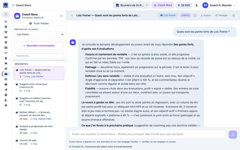 Conversation avec Coach Nova, l'entraîneur adjoint IA, sur les points forts d'un joueur et quoi travailler à la prochaine pratique de l'équipe fictive Bouviers de St-Bouvier (M15 AAA)