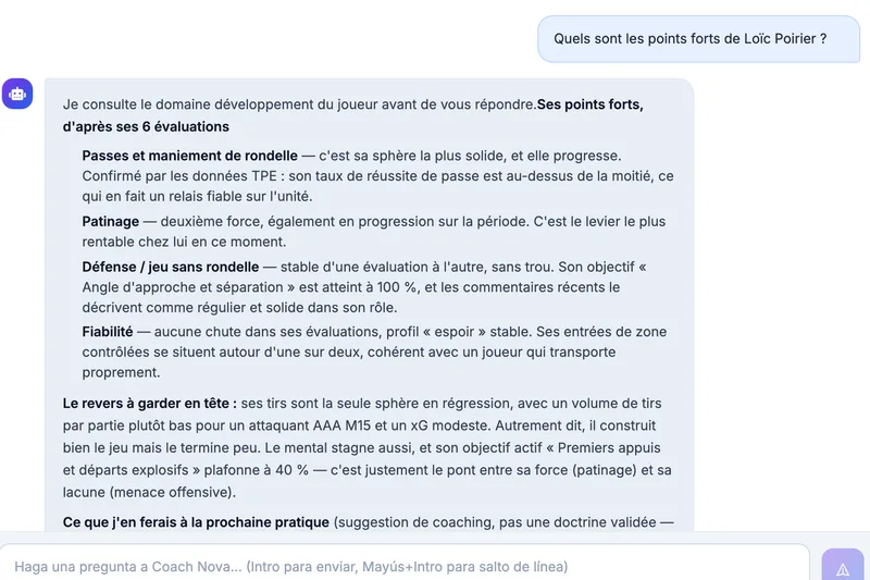 Vista ampliada de una respuesta de Coach Nova sobre los puntos fuertes de un jugador y qué trabajar del equipo ficticio Bouviers de St-Bouvier (Sub-15 AAA)
