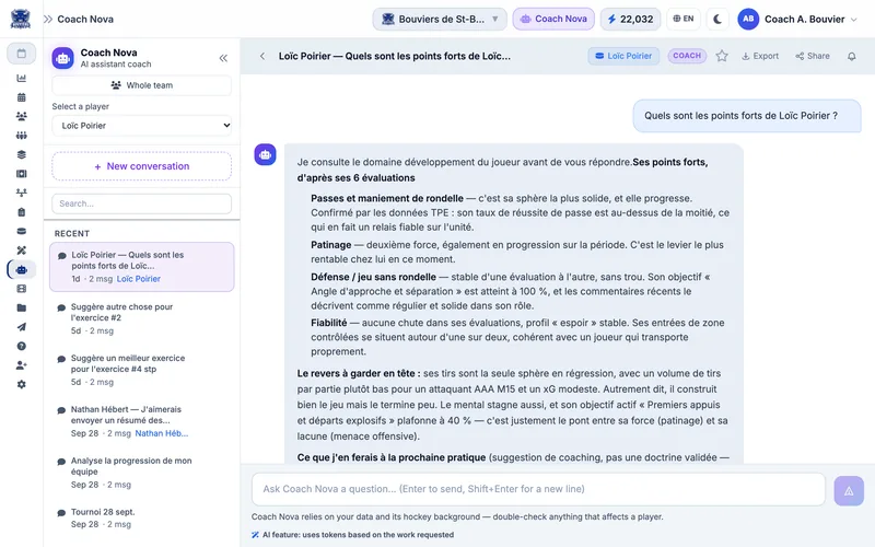 Conversation with Coach Nova, the AI assistant coach, about a player's strengths and what to work on at the next practice of the fictional Bouviers de St-Bouvier team (U15 AAA)