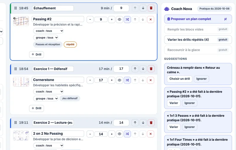 Vue rapprochée du constructeur de pratique : blocs minutés avec leurs drills et suggestions de Coach Nova de l'équipe fictive Bouviers de St-Bouvier (M15 AAA)