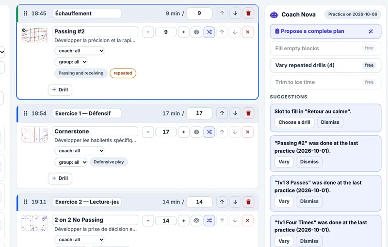 Close-up of the practice builder: timed blocks with their drills and Coach Nova suggestions of the fictional Bouviers de St-Bouvier team (U15 AAA)