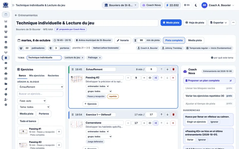 Constructor de planes de práctica: bloques cronometrados, ejercicios de la biblioteca, tema y sugerencias de Coach Nova del equipo ficticio Bouviers de St-Bouvier (Sub-15 AAA)