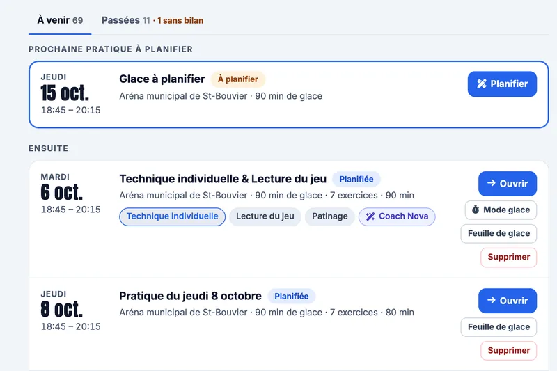 Vue rapprochée de l'agenda des pratiques : prochaine glace à planifier et pratiques planifiées avec leurs thèmes de l'équipe fictive Bouviers de St-Bouvier (M15 AAA)
