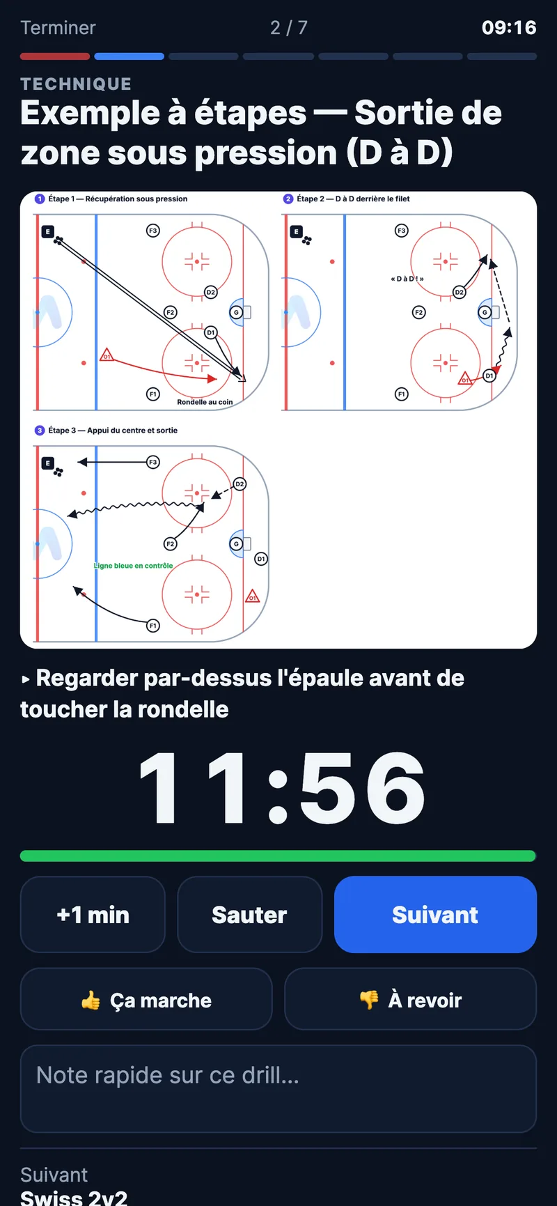 Mode glace au téléphone pendant la pratique : schéma du drill en cours, chronomètre et passage au drill suivant de l'équipe fictive Bouviers de St-Bouvier (M15 AAA)