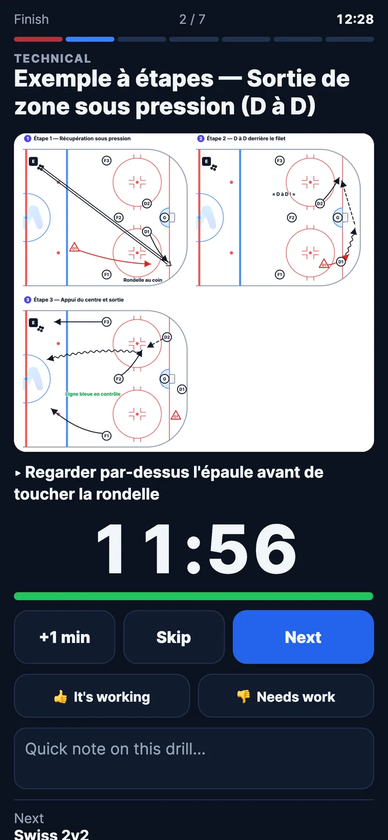 On-ice mode on a phone during practice: current drill diagram, timer and next drill of the fictional Bouviers de St-Bouvier team (U15 AAA)