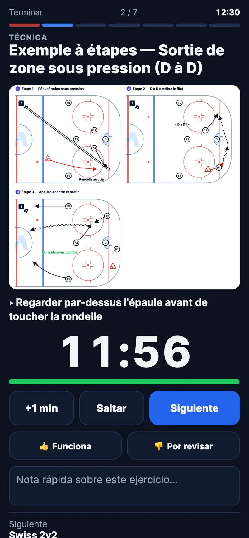 Modo pista en el teléfono durante la práctica: diagrama del ejercicio en curso, cronómetro y paso al siguiente ejercicio del equipo ficticio Bouviers de St-Bouvier (Sub-15 AAA)