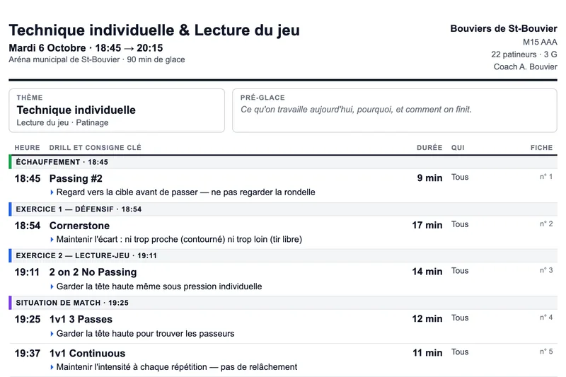 Vue rapprochée de la feuille de glace imprimable : horaire, drills, durées et consignes clés de l'équipe fictive Bouviers de St-Bouvier (M15 AAA)