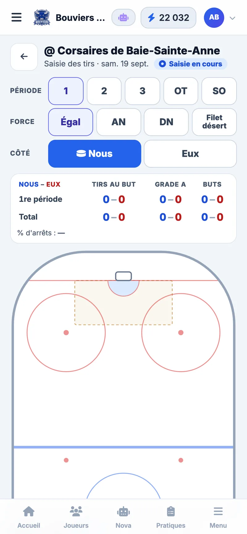 Saisie des tirs au banc sur téléphone : période, force (égal, AN, DN), tirs au but, grade A et buts sur la patinoire de l'équipe fictive Bouviers de St-Bouvier (M15 AAA)