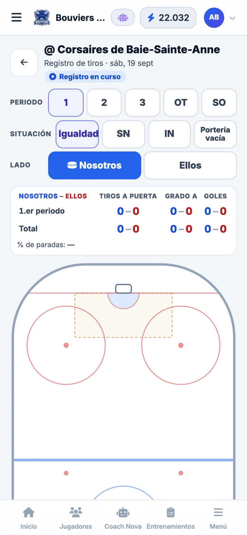 Registro de tiros desde el banco en el teléfono: periodo, situación (igualdad, superioridad, inferioridad), tiros a portería, ocasiones claras y goles en la pista del equipo ficticio Bouviers de St-Bouvier (Sub-15 AAA)