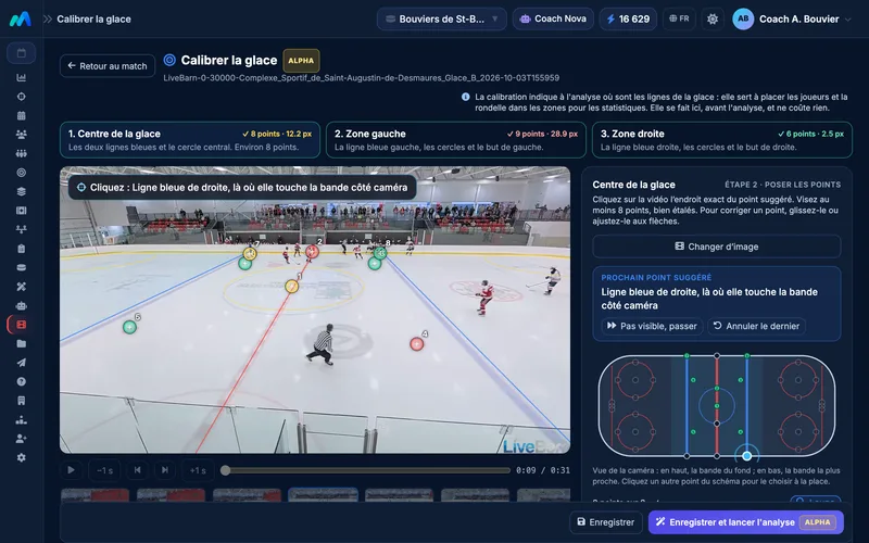Rink calibration: on a frame from a real game filmed from a distance, points placed on the blue lines, the red line and the center circle, matched on the rink diagram