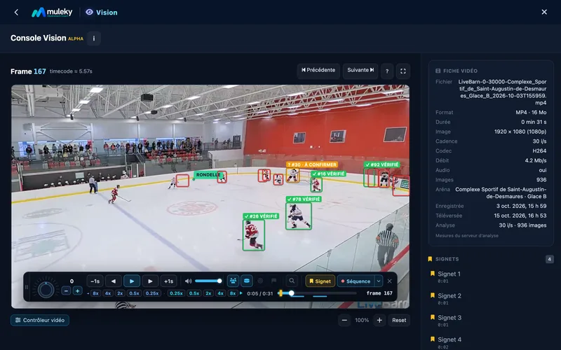 Muleky Vision console paused on a real game filmed from a distance: tracked players in their boxes, verified jersey numbers (shown as examples), one number to confirm, the detected puck and the control bar