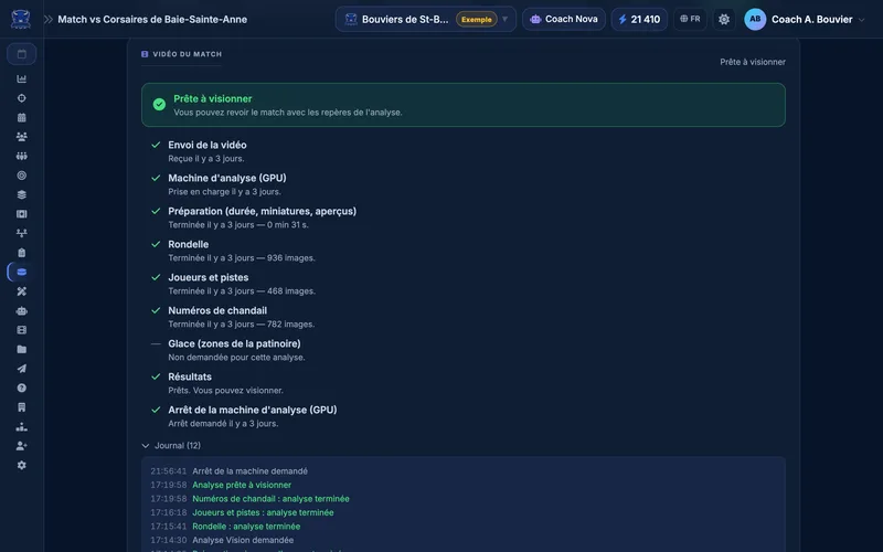 Video tab of an analyzed game: the stage-by-stage timeline, from the video upload to the analysis machine shutdown, and the time-stamped log