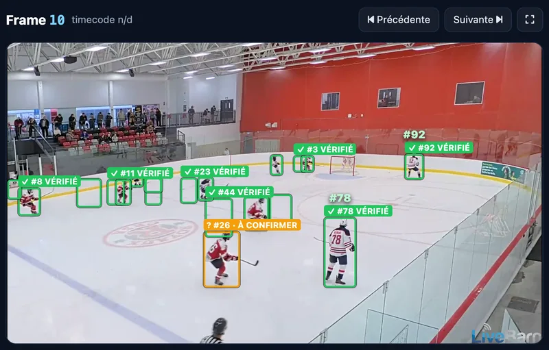 Close-up of the video analysis console: tracked players, verified numbers and one number to confirm (sample numbers)